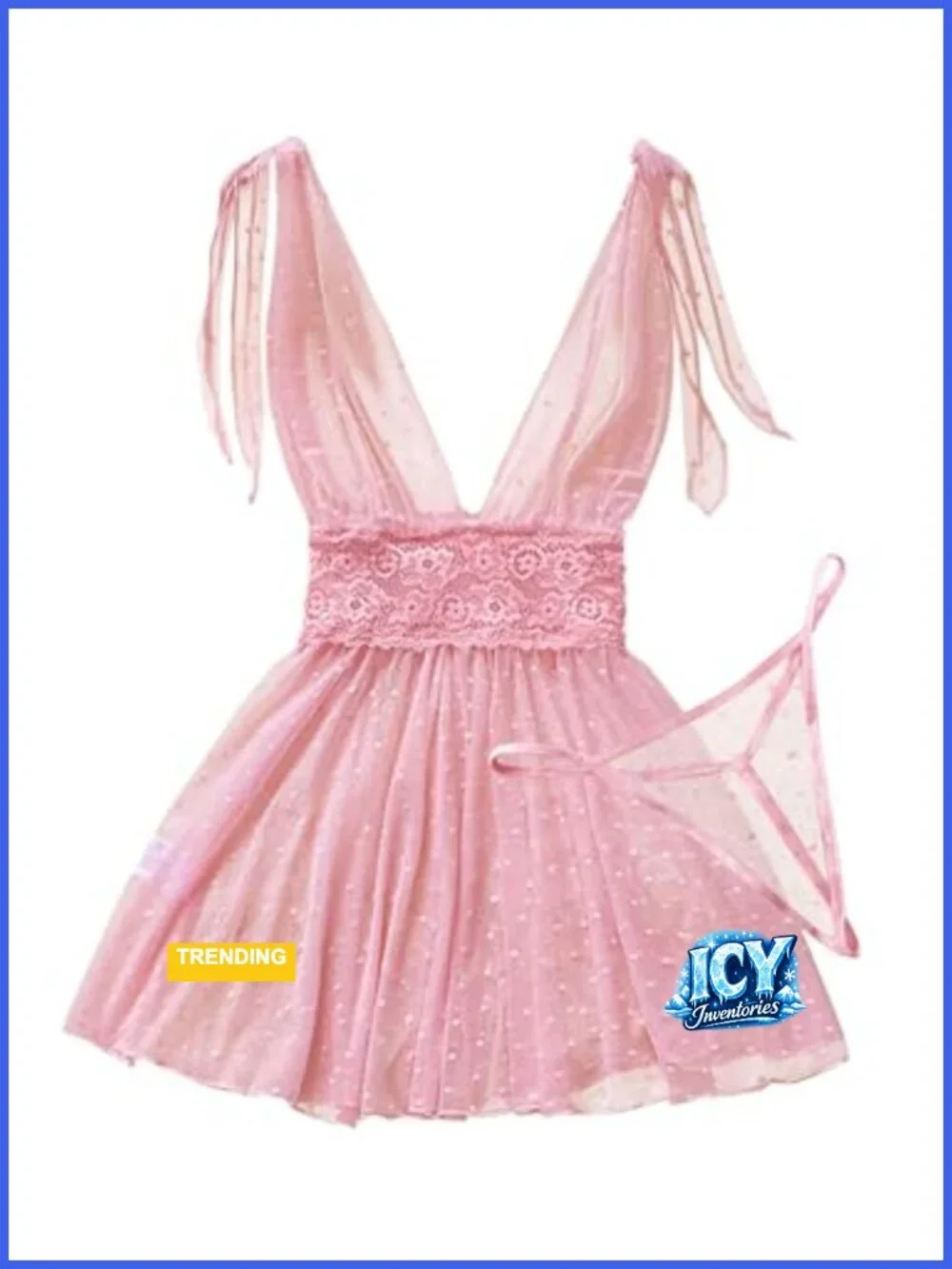 Sheer V-Neck Sleeveless Chemise Dress with Thong 2 Piece Polka Dot